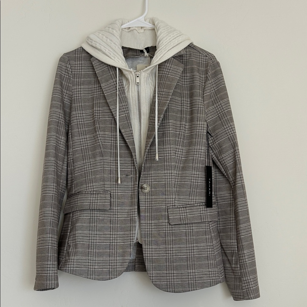 Tahari Cream and Gray Plaid Blazer with Hoodie